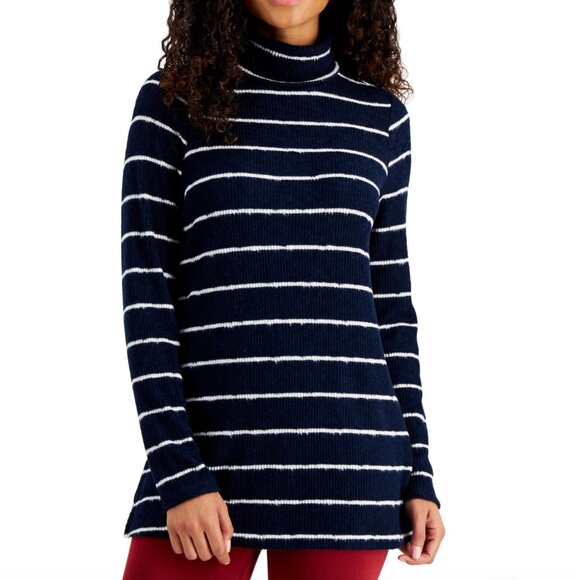 STYLE CO STYLE&CO Striped Rib Knit Tunic Top Navy Blue White Long Sleeve Sweater - Picture 1 of 15
